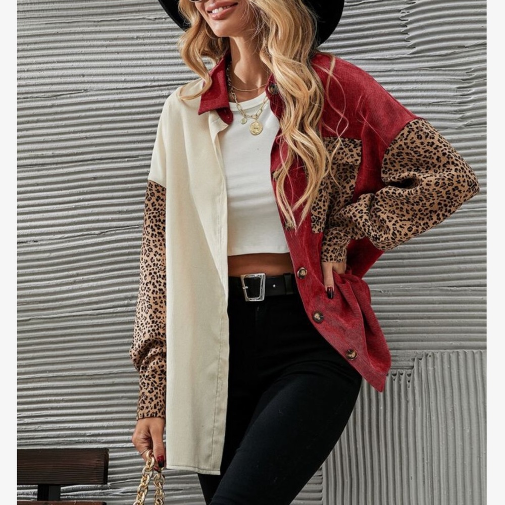 Cozy Corduroy  Oversized Relaxed fit Leopard Print Patch Work Button Down Shirt - Picture 8 of 16